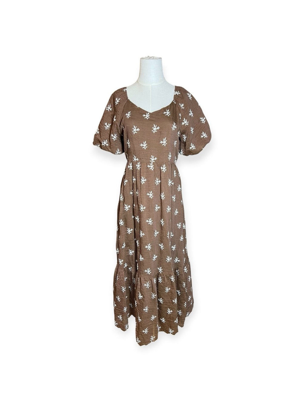 Orange Creek Brown Embroidered Floral Puff Sleeve Midi Dress M